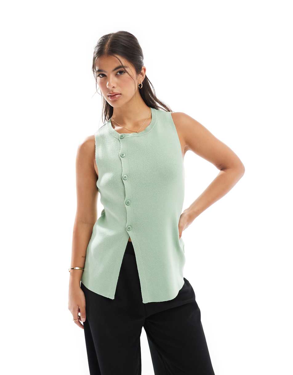 ASOS DESIGN knit asymmetric button front vest with split in green