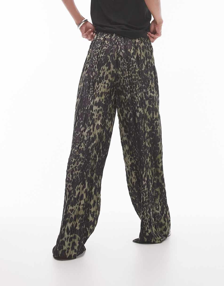 Topshop leopard plisse pants in khaki