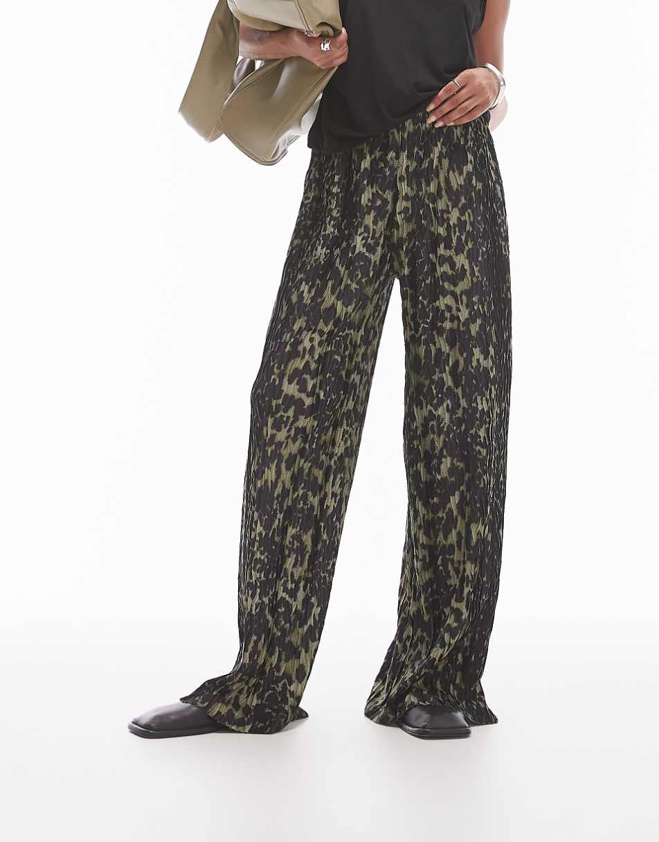 Topshop leopard plisse pants in khaki