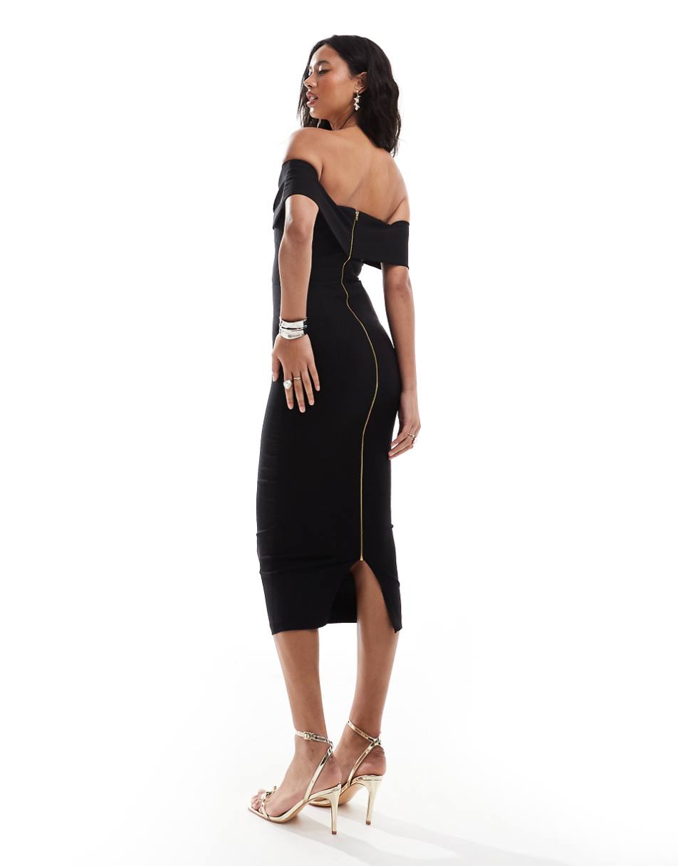 Vesper bardot foldover cut-out detail midaxi dress in black