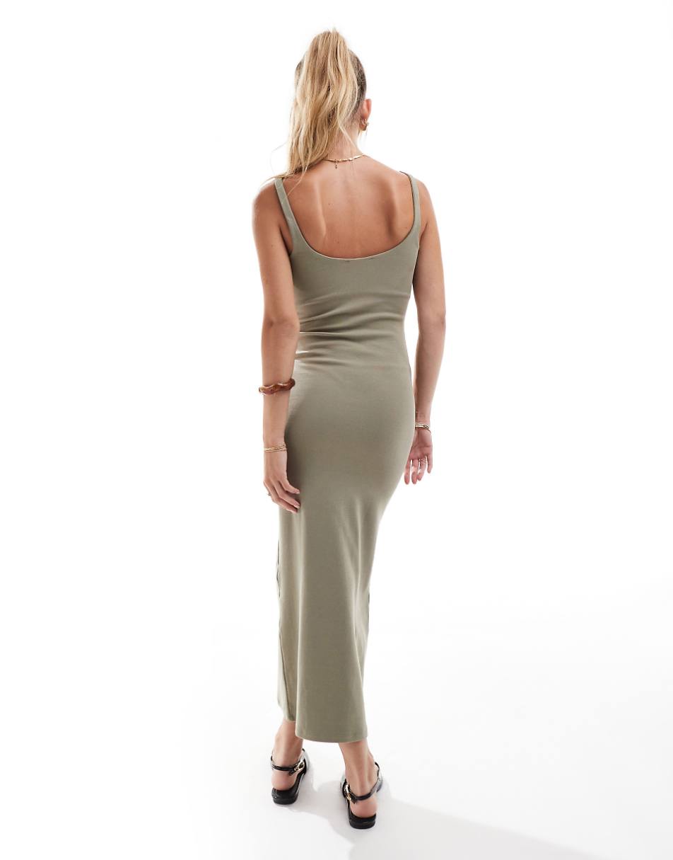 Bershka square neck bodycon midaxi dress in khaki
