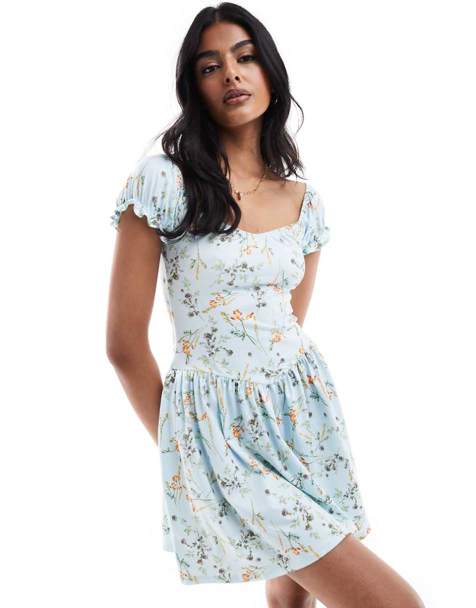 ASOS DESIGN milkmaid puff sleeve mini dress with drop waist in blue ditsy print