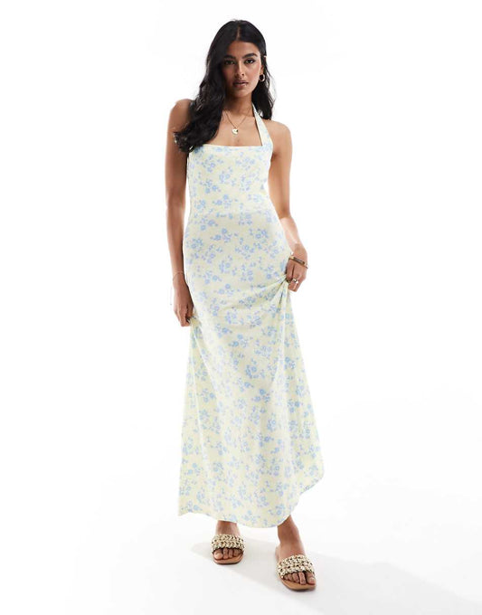 ASOS DESIGN halter full skirt midi dress in yellow ditsy floral