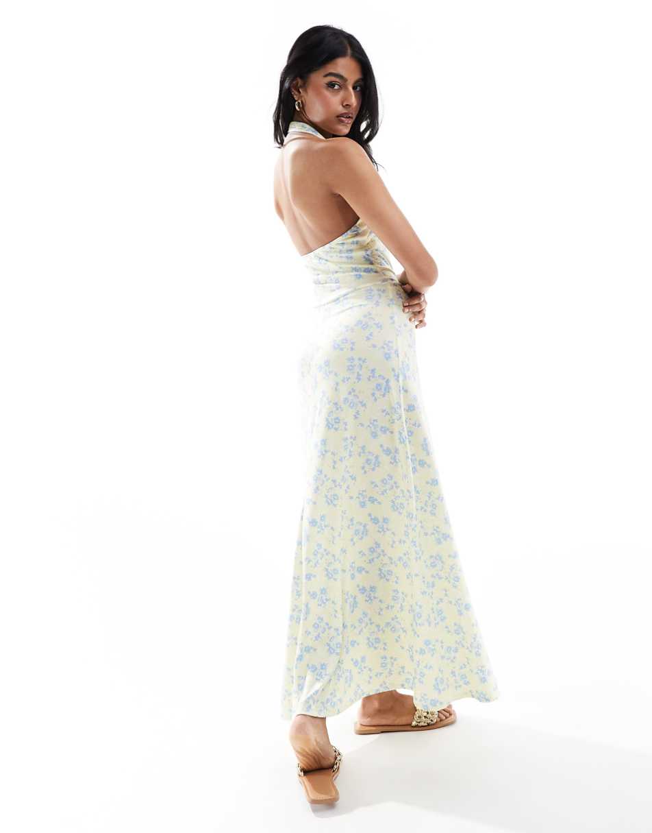 ASOS DESIGN halter full skirt midi dress in yellow ditsy floral