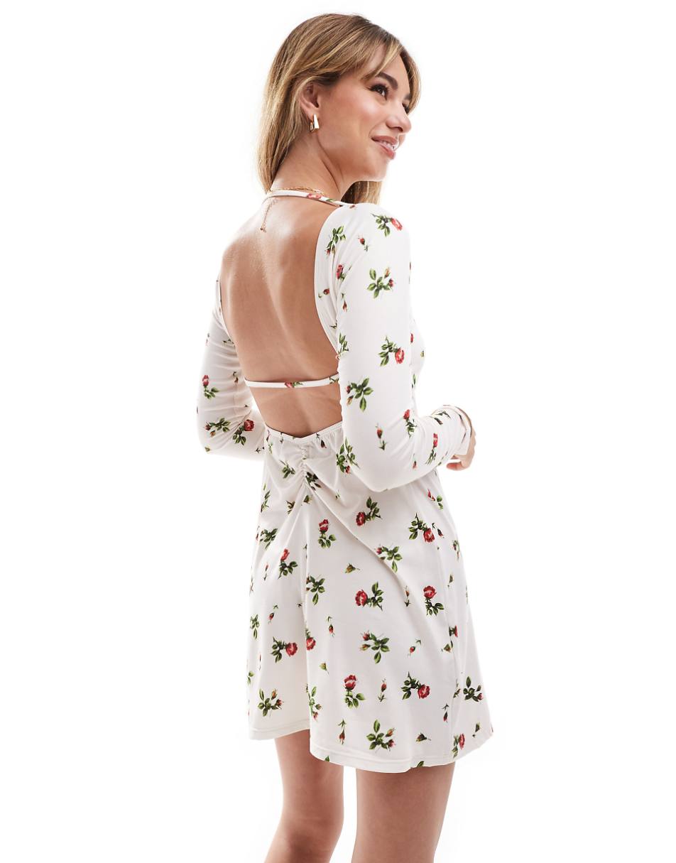 ASOS DESIGN long sleeve square neck mini dress with open back in white ditsy floral print