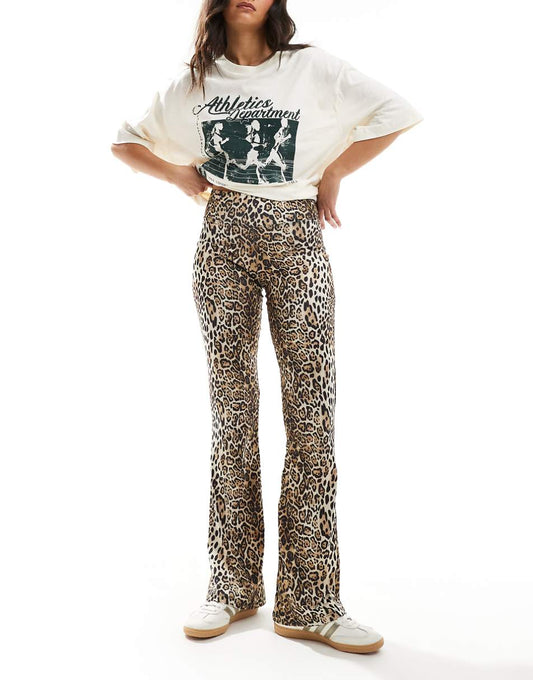 Pull&Bear polyamide sculpt flare pants in leopard print