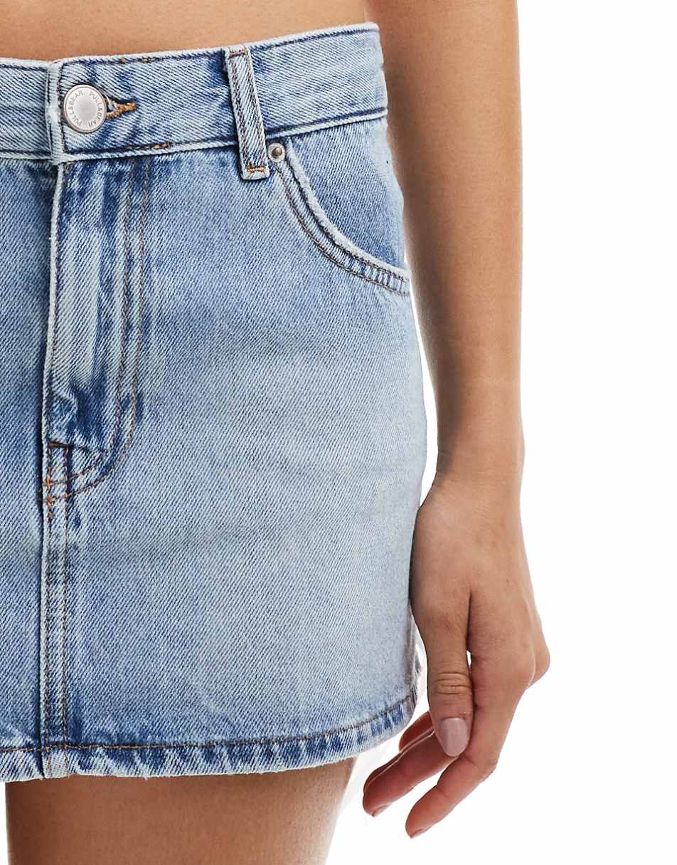 Pull&Bear denim mini skirt with bow detail in mid blue