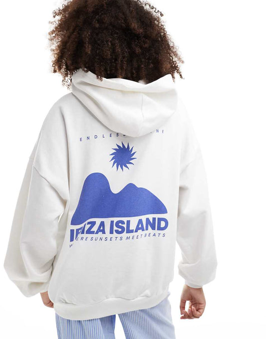 Pull&Bear Ibiza graphic oversized hoodie in white