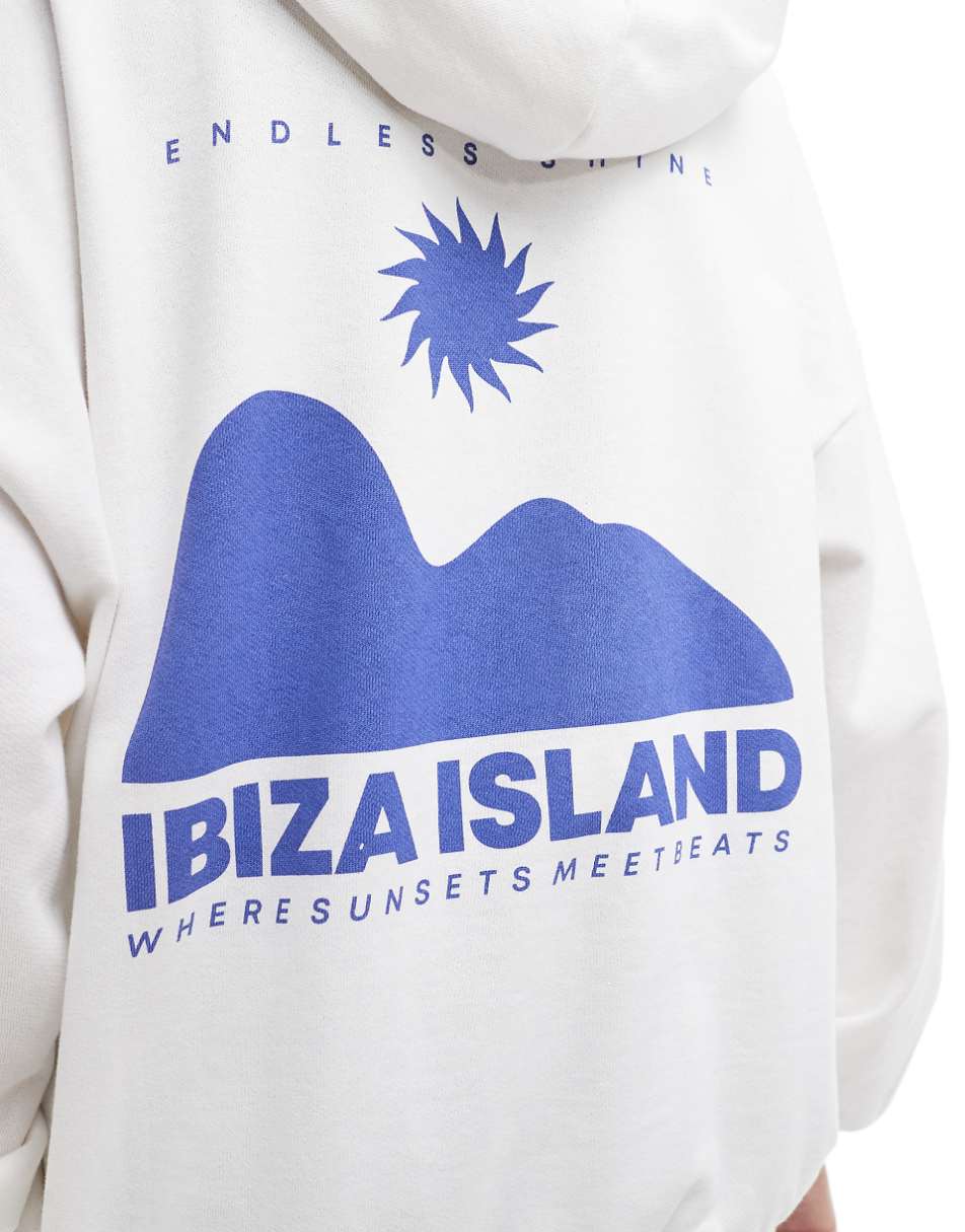 Pull&Bear Ibiza graphic oversized hoodie in white