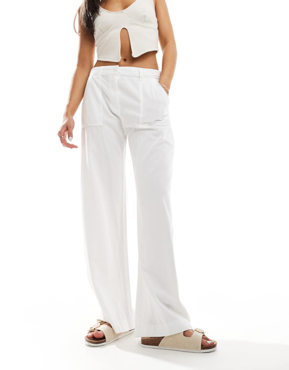 Pull&Bear wide leg cotton pants with adjustable waist in white