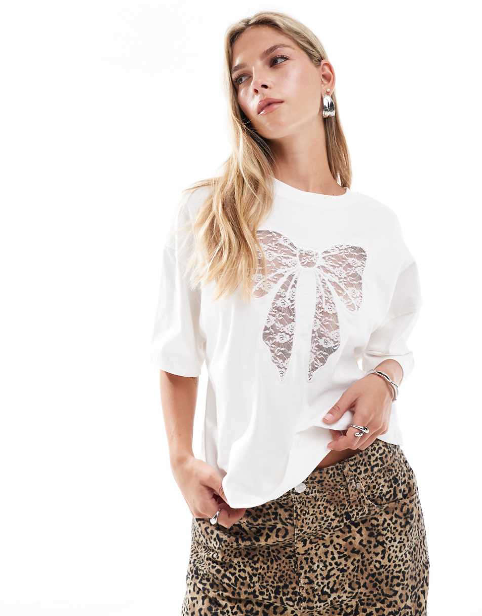 Bershka lace bow oversized t-shirt in white