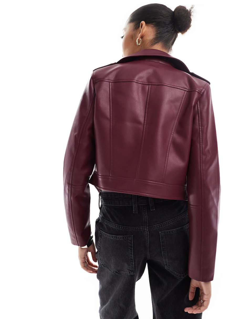 Stradivarius PU buckle detail biker jacket in oxblood