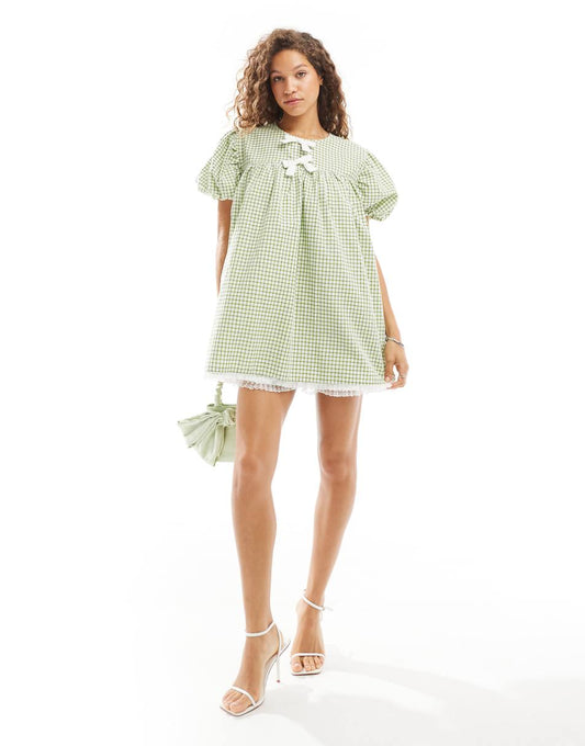 Sister Jane bow gingham mini dress with lace trim in green