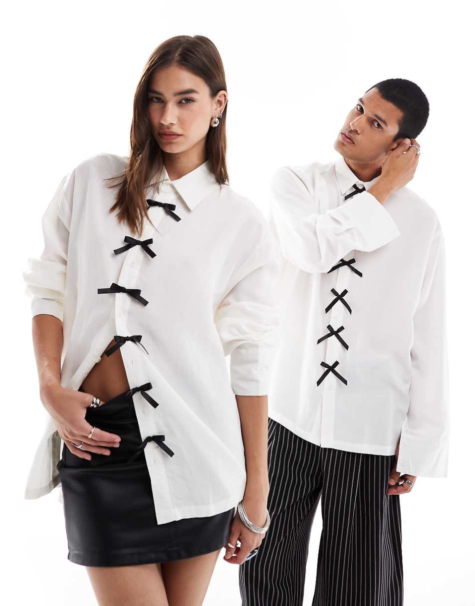 Sister Jane Unisex contrast bow shirt in ivory