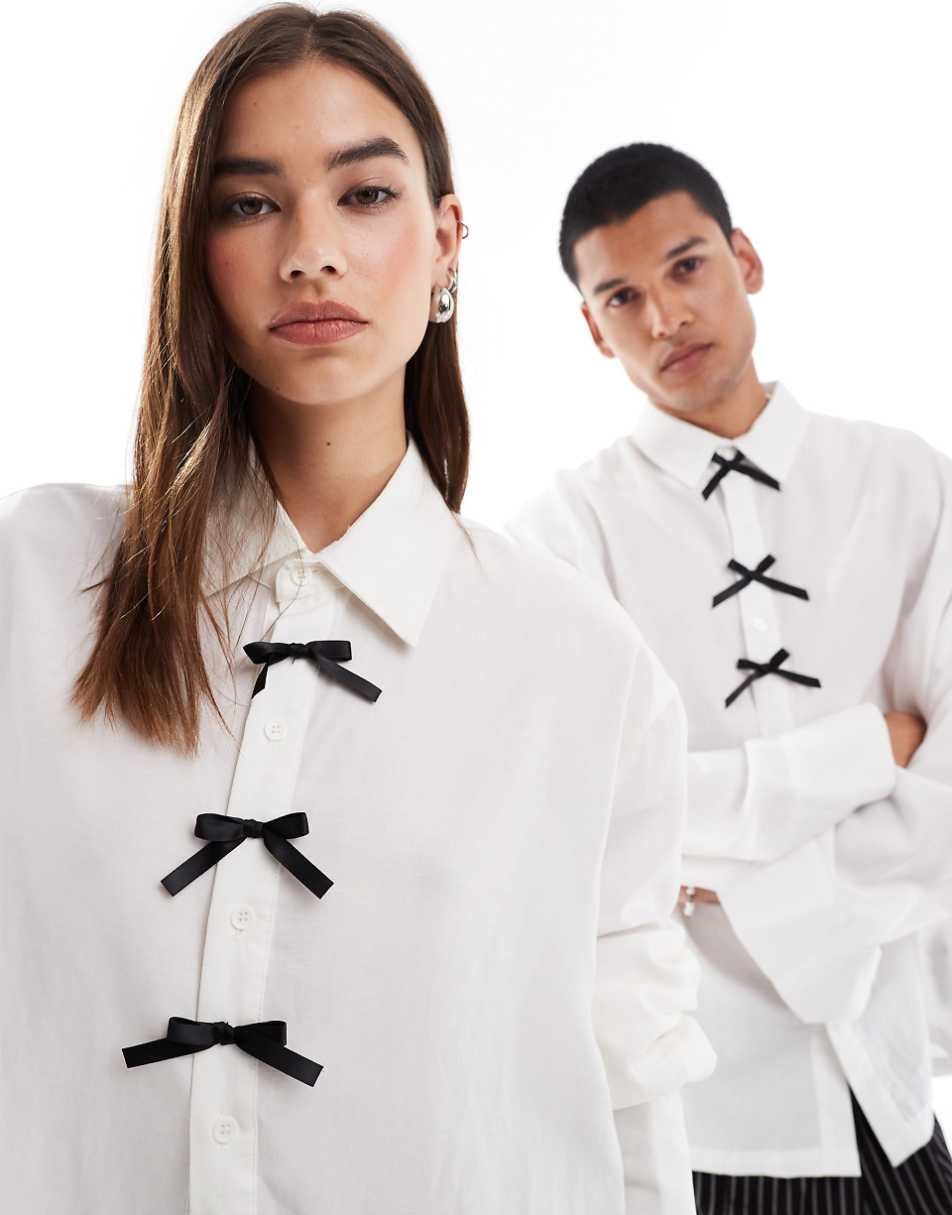 Sister Jane Unisex contrast bow shirt in ivory