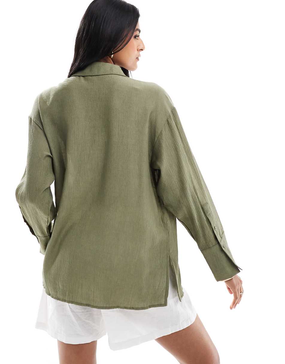 Bershka oversized crinkle shirt in khaki