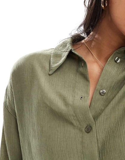 Bershka oversized crinkle shirt in khaki