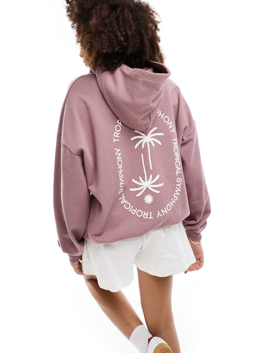 Pull&Bear tropical back print graphic oversized hoodie in deep pink