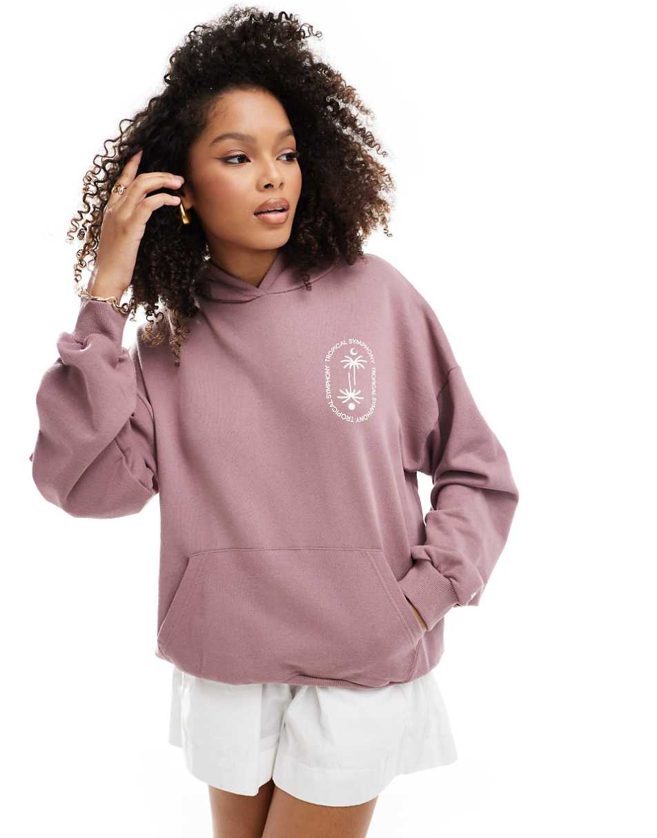 Pull&Bear tropical back print graphic oversized hoodie in deep pink