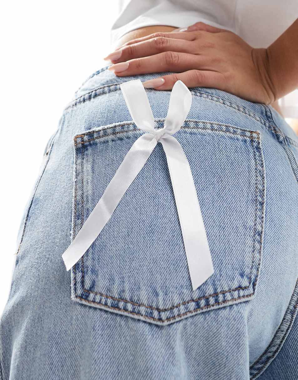 Pull&Bear wide fit bow detail jeans in mid blue