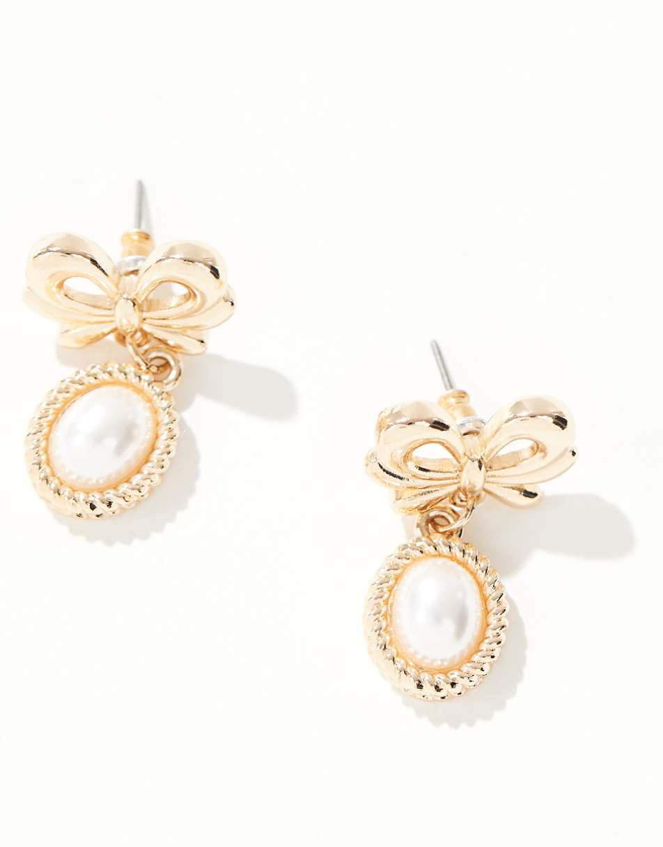 Reclaimed Vintage bow drop pearl earrings in gold