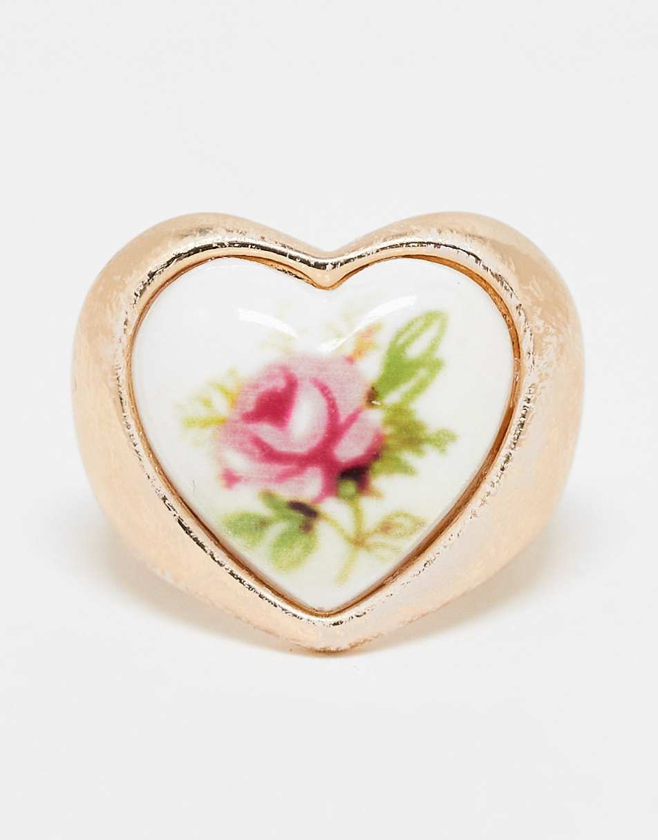 Reclaimed Vintage chunky gold ring with pink rose detail