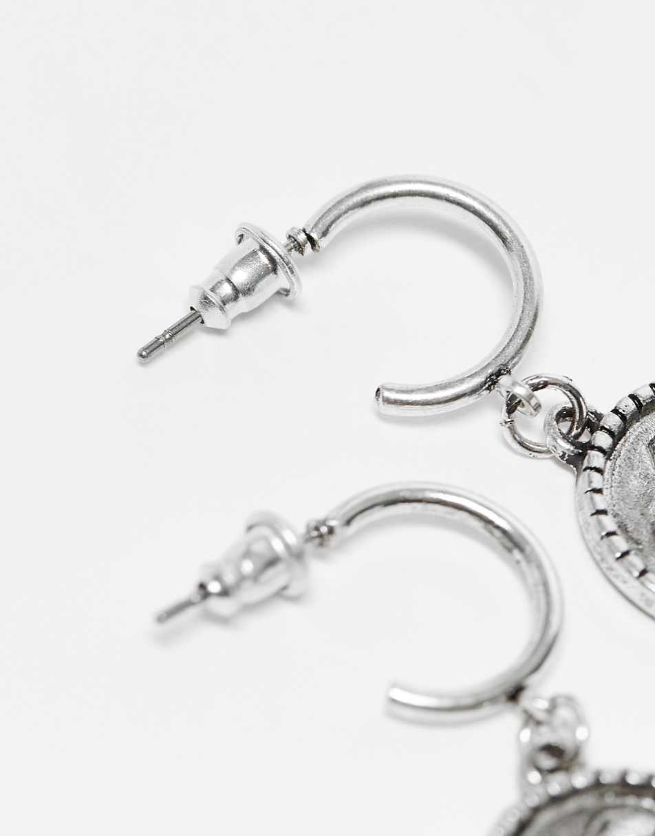 Reclaimed Vintage unisex huggie hoop earrings with cherub pendant in silver