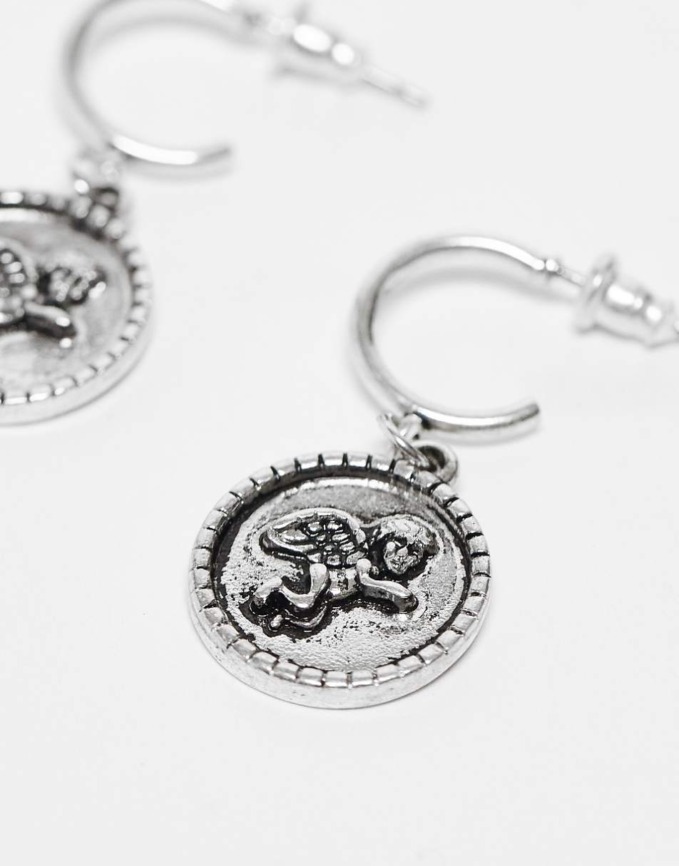 Reclaimed Vintage unisex huggie hoop earrings with cherub pendant in silver