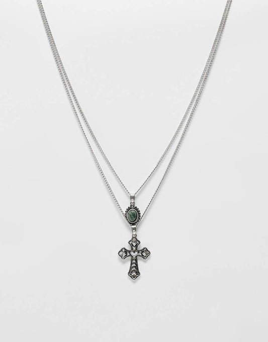 Reclaimed Vintage unisex 2 row with heart cross and faux gem pendant