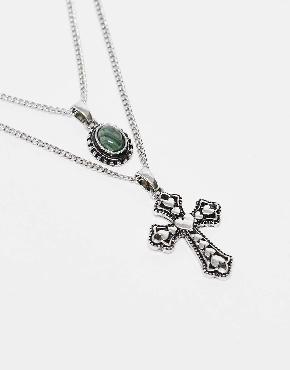 Reclaimed Vintage unisex 2 row with heart cross and faux gem pendant