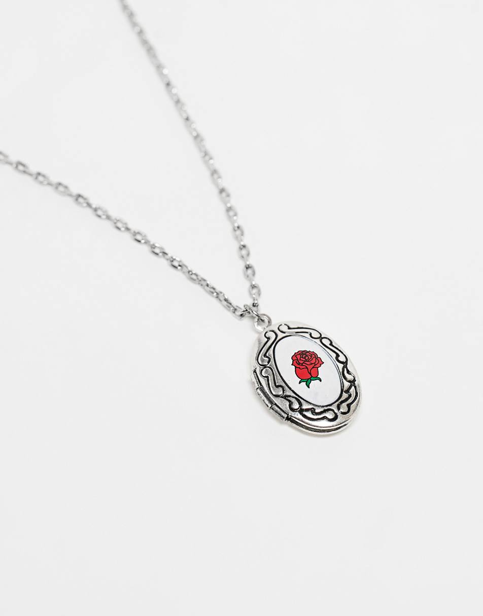 Reclaimed Vintage unisex locket pendant with rose in silver