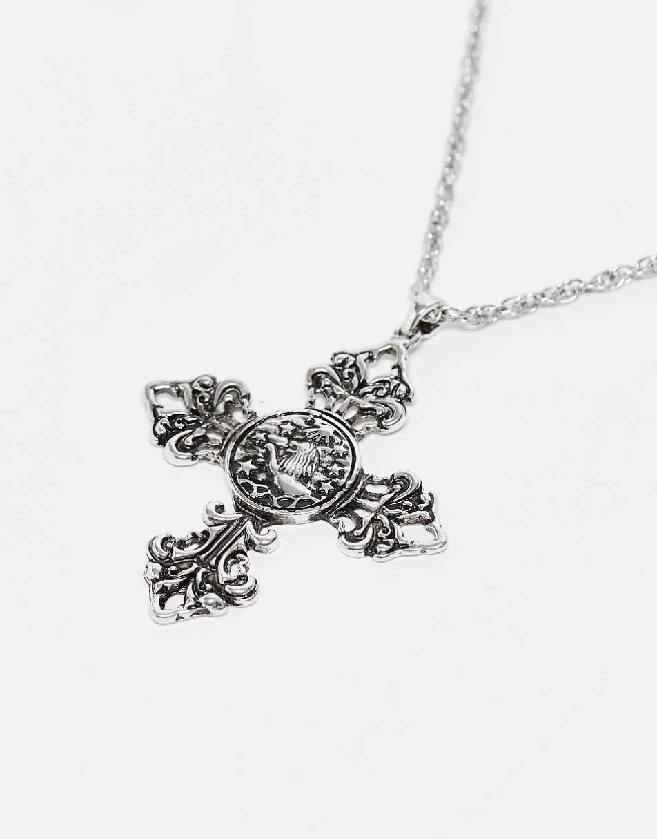 Reclaimed Vintage unisex chain with lion cross pendant in silver