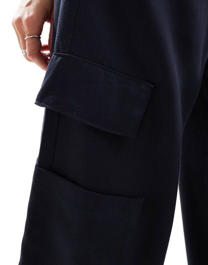 Bershka tie waist wide leg cargo pants in navy