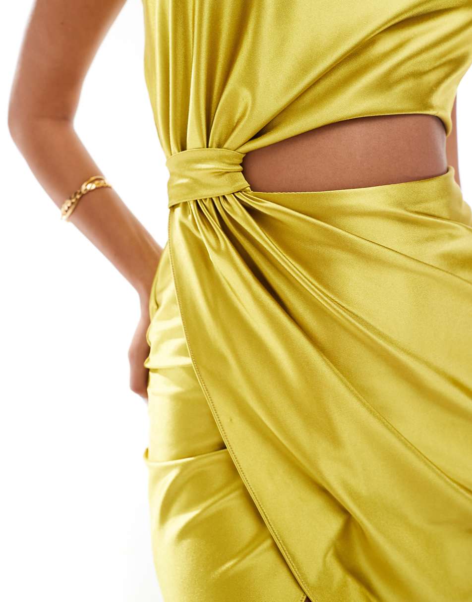 True Violet one shoulder jersey satin cut out maxi dress in chartreuse