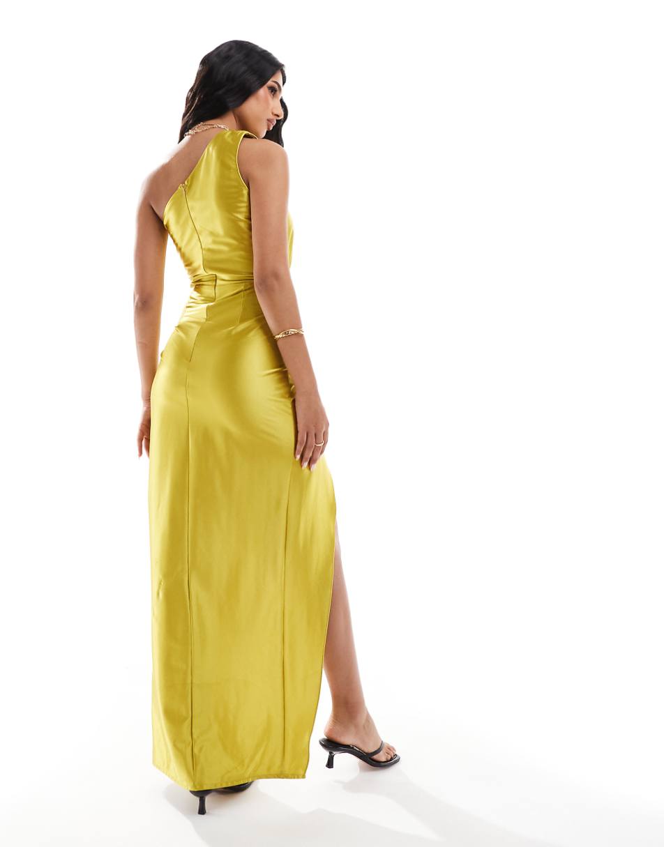 True Violet one shoulder jersey satin cut out maxi dress in chartreuse