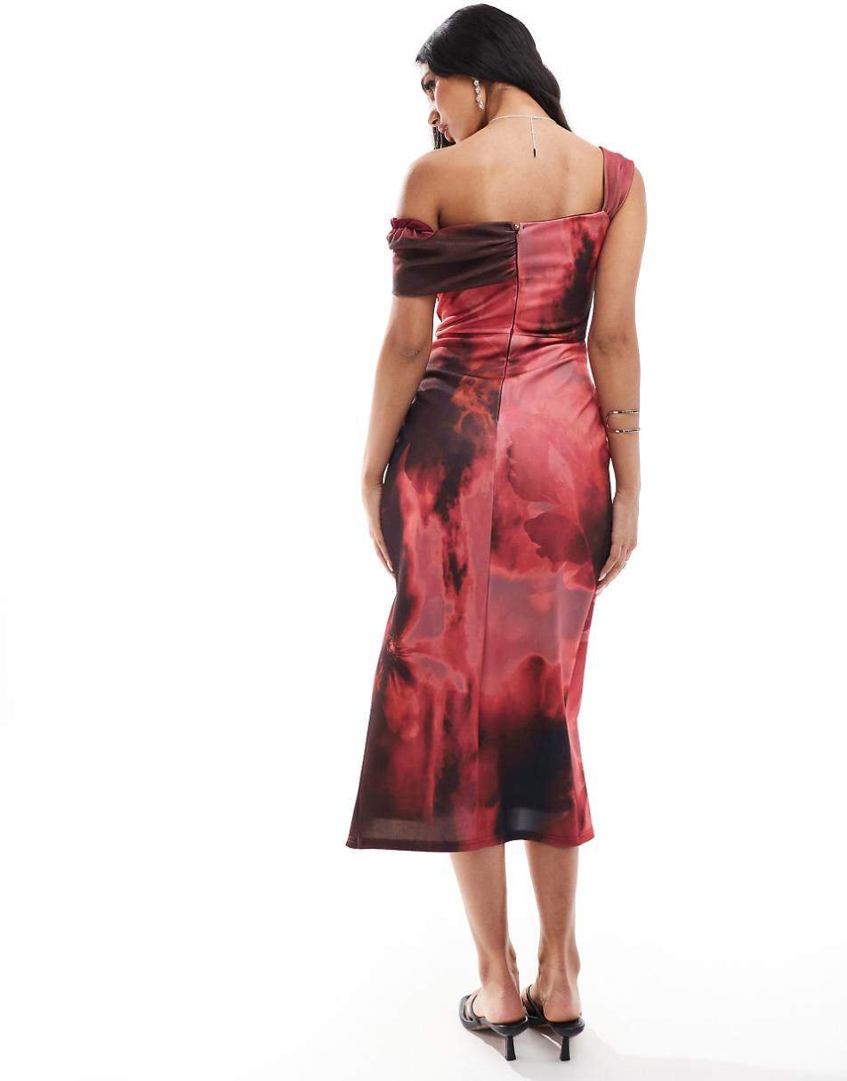 True Violet asymmetric off the shoulder midi wrap dress in wine blur print