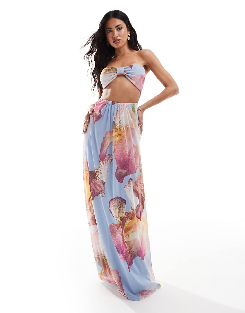 ASOS DESIGN mesh faux-ord bandeau maxi dress in oversized orchid print