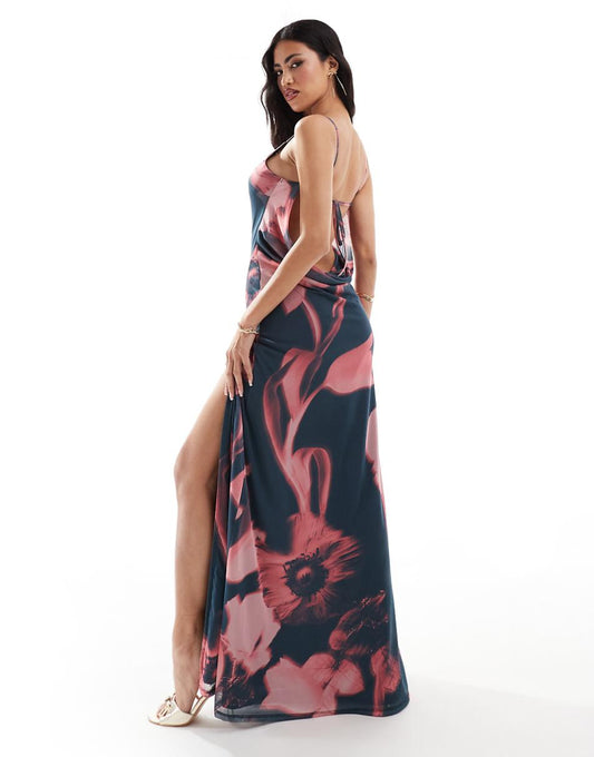 ASOS DESIGN cowl back mesh maxi dress with side split in smokey pink floral print