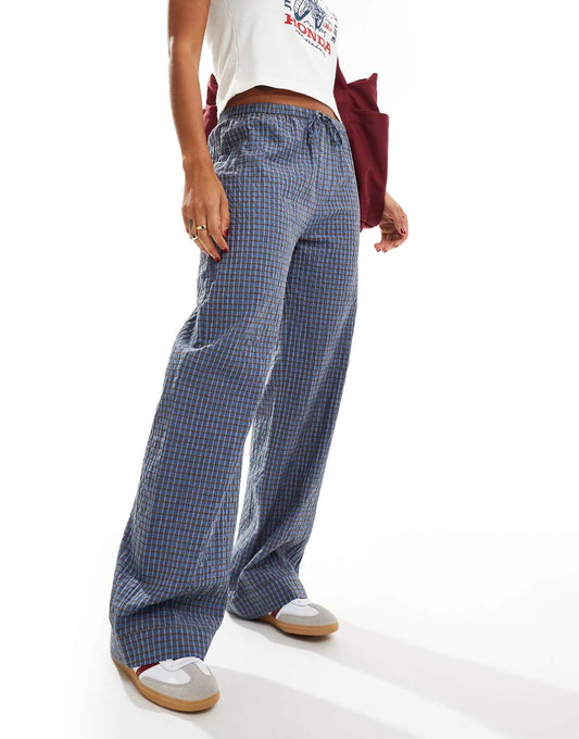 Pull&Bear button waist wide leg pants in blue plaid