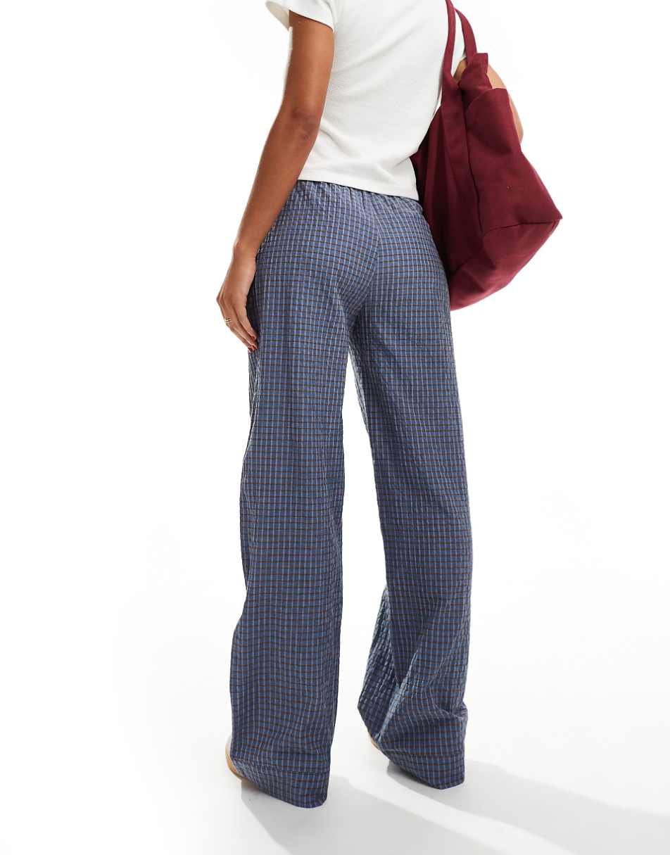 Pull&Bear button waist wide leg pants in blue plaid