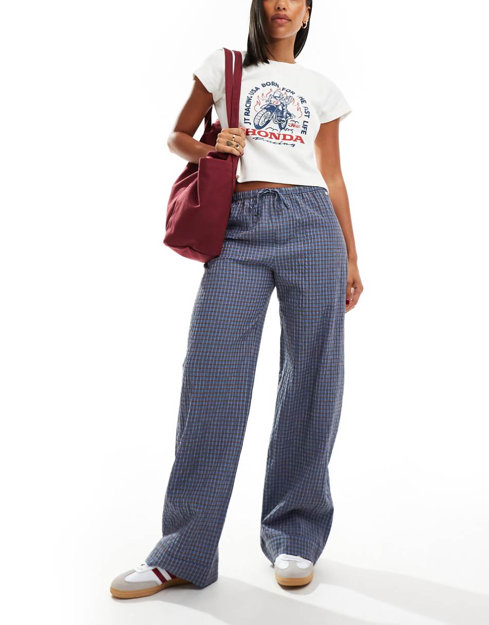 Pull&Bear button waist wide leg pants in blue plaid