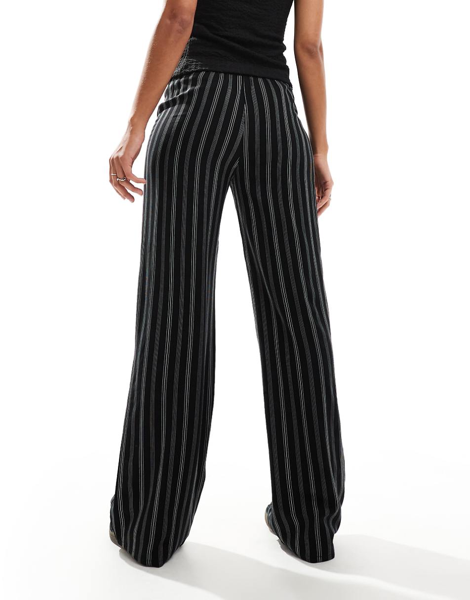 Pull&Bear striped wide leg pants in black