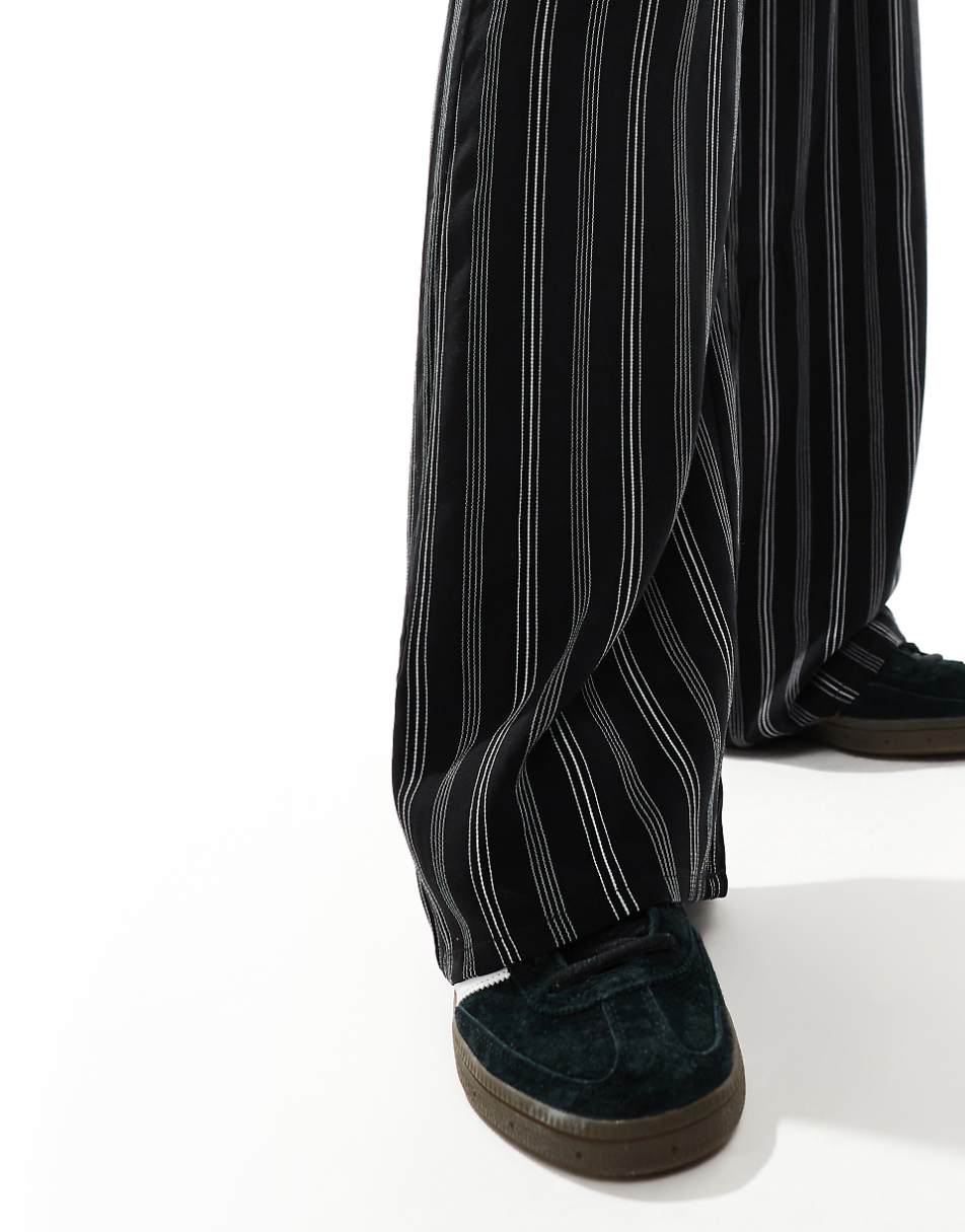 Pull&Bear striped wide leg pants in black