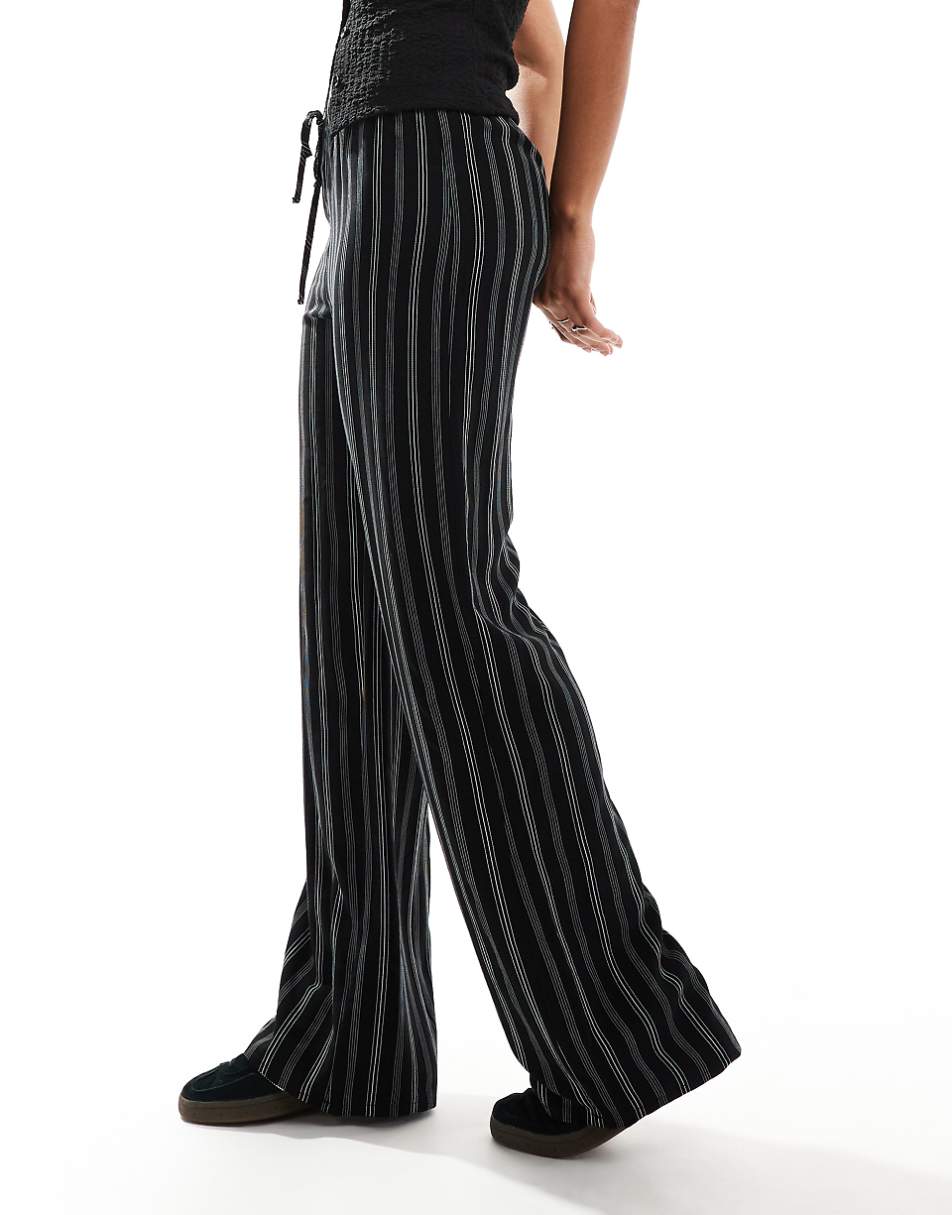 Pull&Bear striped wide leg pants in black