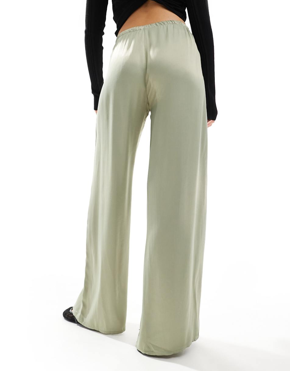 Pull&Bear satin wide leg pants in khaki