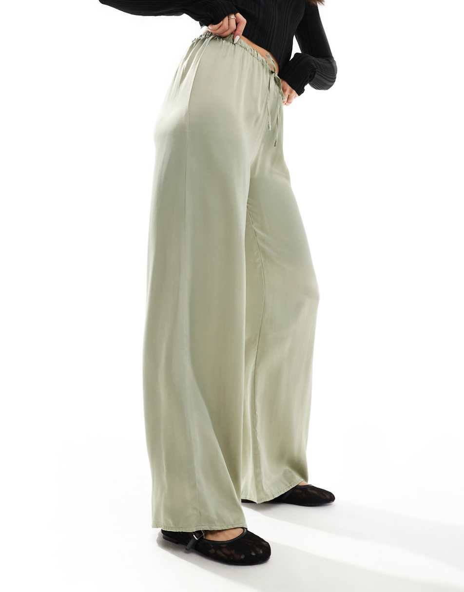 Pull&Bear satin wide leg pants in khaki