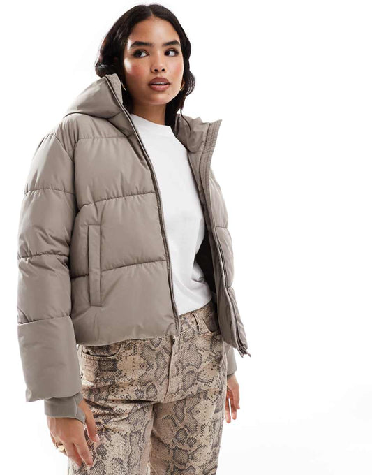 Stradivarius padded jacket with hood in taupe