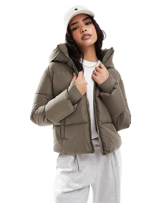 Stradivarius padded jacket with hood in khaki