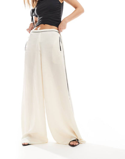Lioness satin contrast pipping wide leg pants in ivory