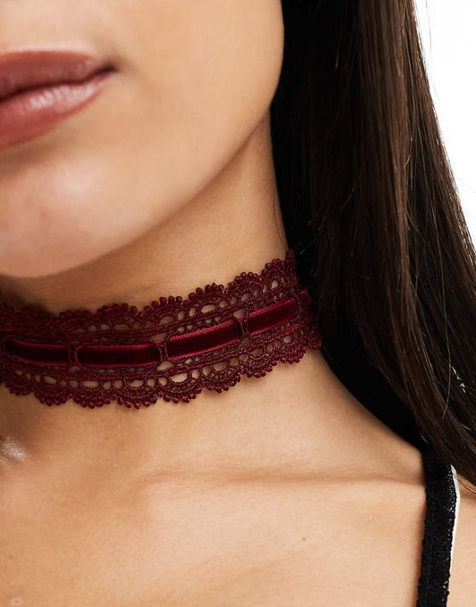 ASOS DESIGN Halloween choker necklace with lace and velvet detail in burgundy